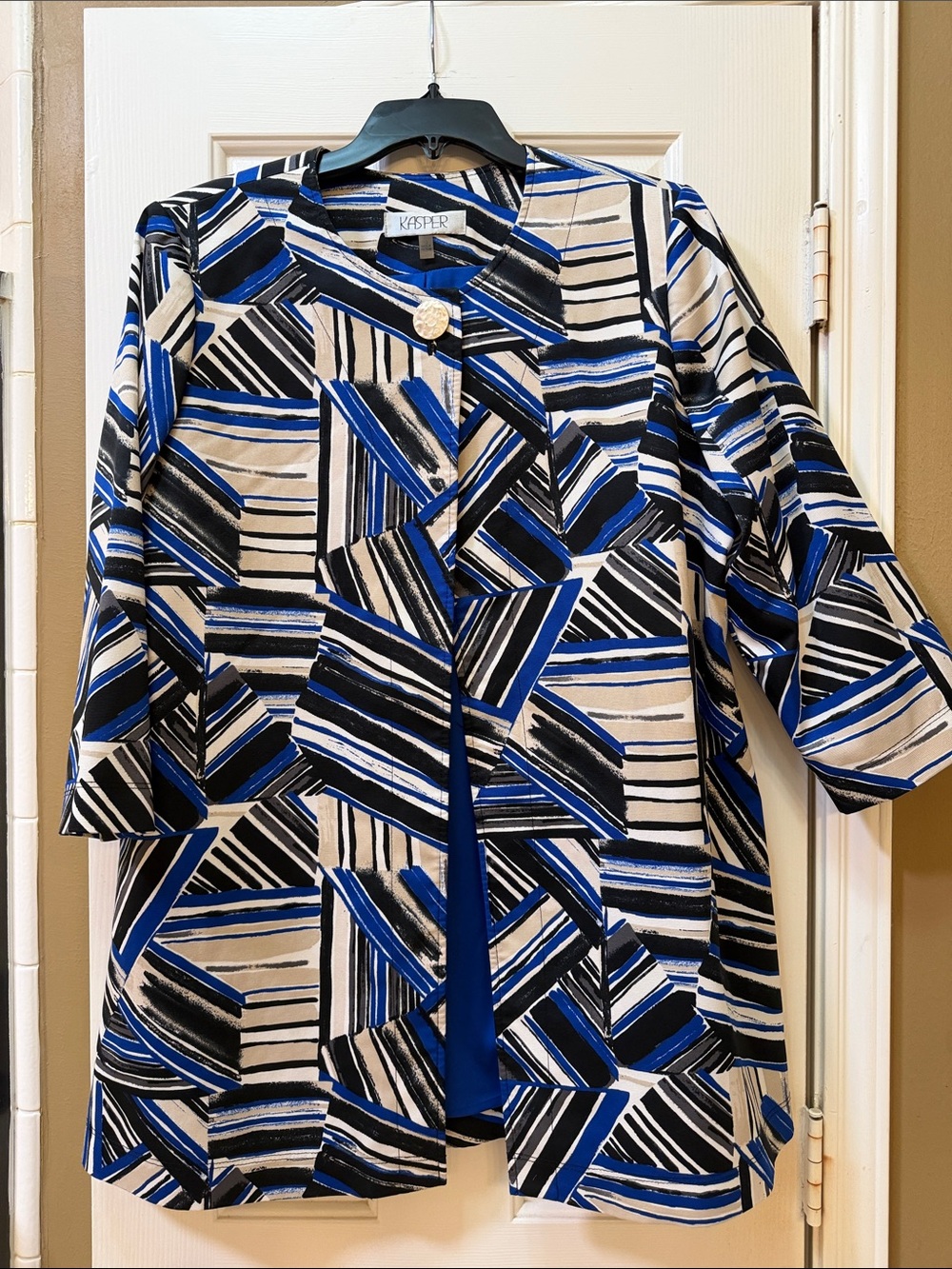 Kasper Blue, Black & Cream Geometric Print Blazer